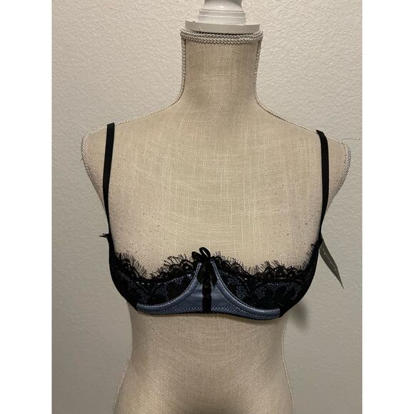 Frederick's of Hollywood Black and Icy Blue Satin Lace Open Cup Underwire Bra-10 - Picture 2 of 5